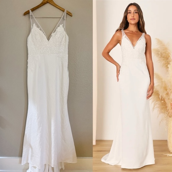 Precious Promise White Satin Embroidered Lace Mermaid Maxi Dress - Picture 1 of 6